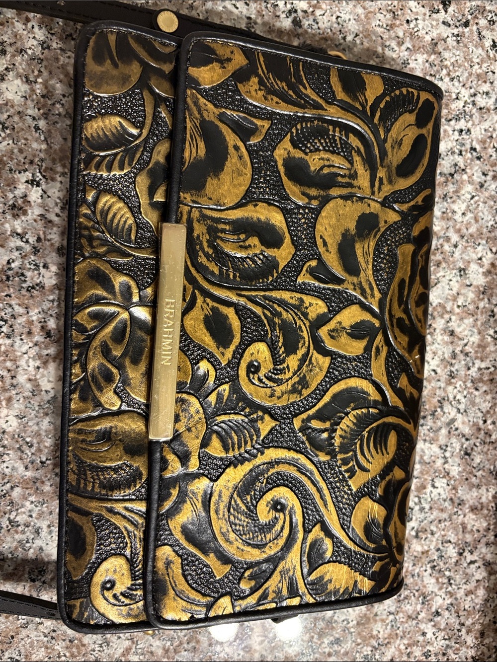 Brahmin Black and Gold Scroll Leather Crossbody Bag - Picture 4 of 5
